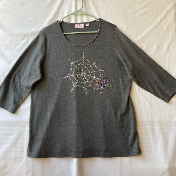 Quacker Factory Womens Shirt Spider Web Size Large Gray Grey Jersey Rhinestones - Picture 2 of 16